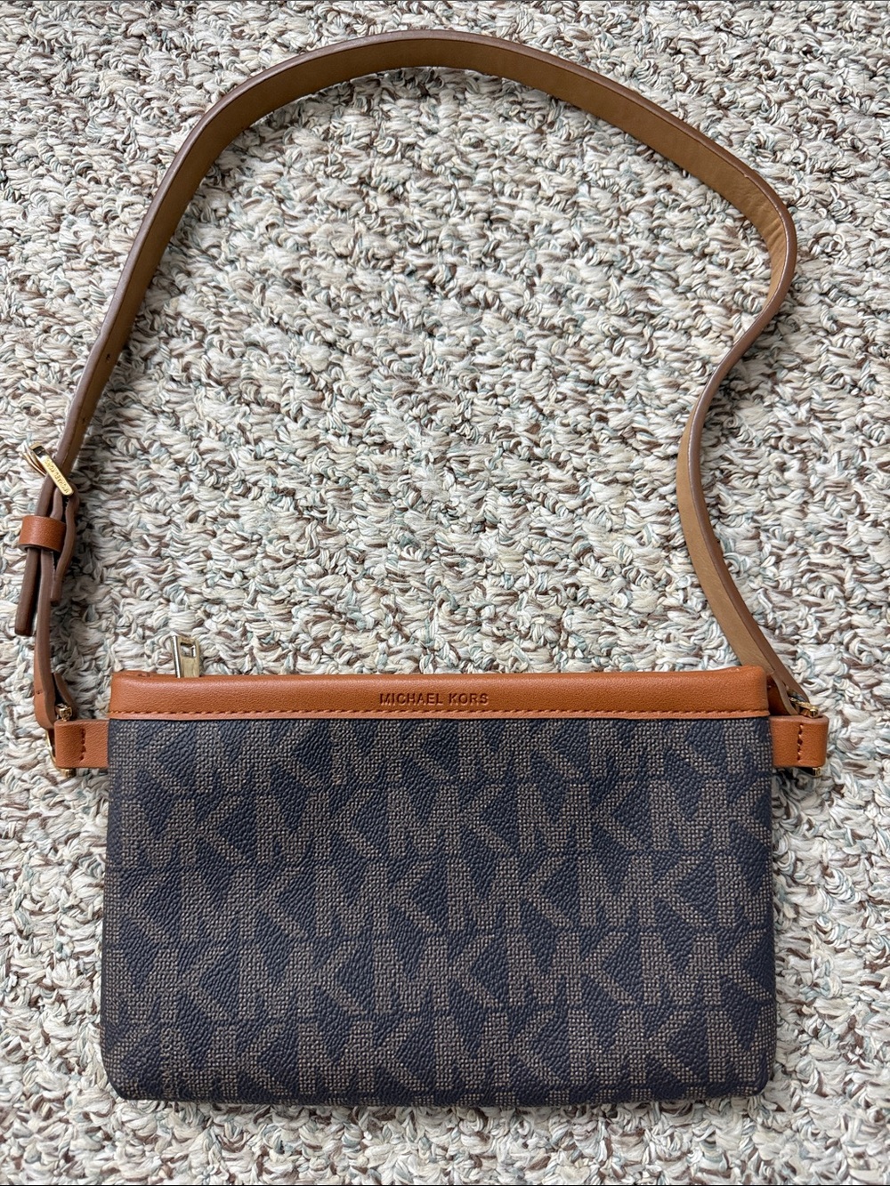 Michael Kors belt bag- Dark Brown Monogram  with Tan Strap